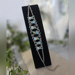 Vintage Blue Enamel Forget-Me-Not Flower Bracelet Silver Filigree & AB Crystals
